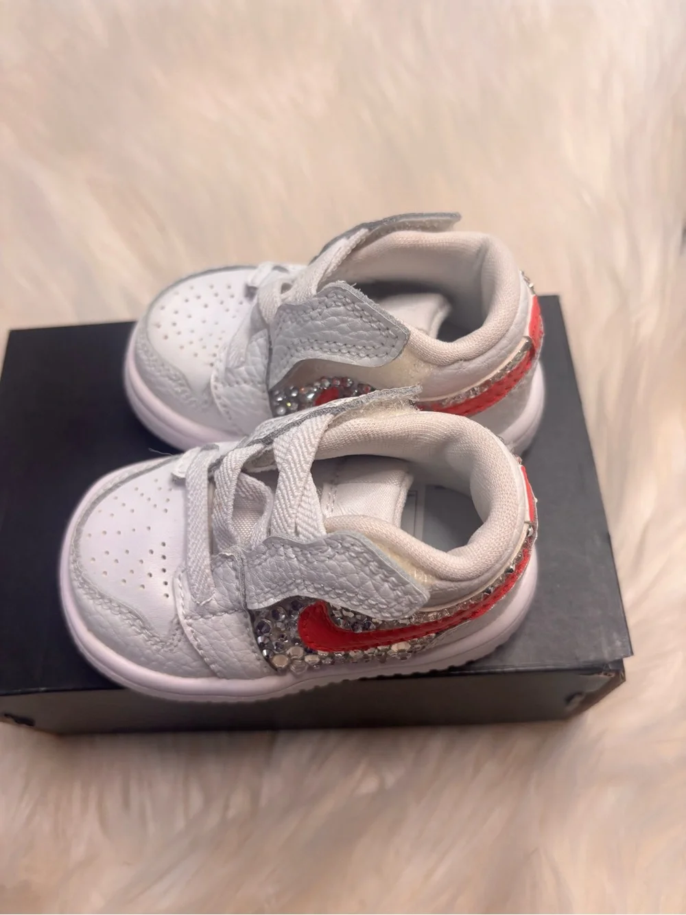 Jordan White Kids Sneakers with Pink Swoosh and Rhinestones
